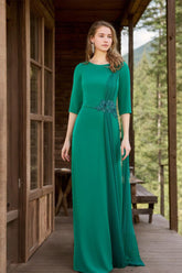 Floor-Length Mother of the Bride Dress with Floral Applique & Dotted Tulle Draping 1/2 Sleeves Sheath/Column Neckline