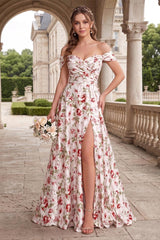 Floor-Length Off-the-Shoulder Long Floral Dresses with Split Side & Ruched