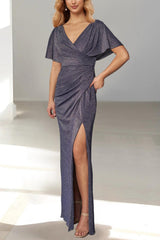 Floor-Length Plunging Neck Mother of the Bride Dress with Draped Sleeve and Side Split