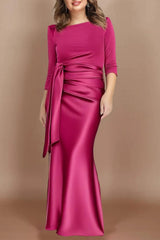 Floor-Length Plus Size Mother of the Bride Dress with Bow and 3/4 Sleeves