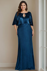 Floor-Length Plus Size Velvet Mother of the Bride Dress with Scoop Neck Half Sleeves Beading Appliques & Sequins