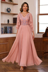 Floor-Length Princess V-Neck Mother of the Bride A-Line Dress with Appliques & Wrap in 2 Pics
