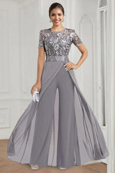 Floor-Length Round Neck Stretch Chiffon Mother of the Bride Pantsuit with Short Sleeves and Appliques Lace