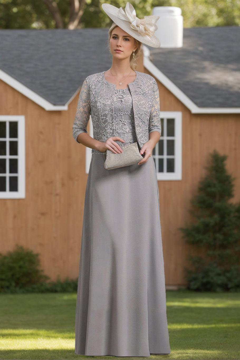 Floor-Length Scoop Neck Chiffon Gown with Lace and Half Sleeves for the Mother of the Bride