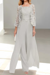 Floor-Length Square Neck Chiffon Mother of the Bride Pantsuit with Jacket & Side Split