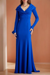 Floor-Length V-Neck Mermaid/Trumpet Mother of the Bride Dress with Ruffled Long Sleeves