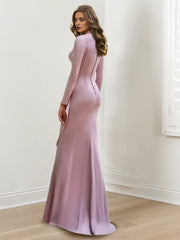 Floor-Length V-Neck Sheath/Column Gown with Long Sleeves and Crepe Beading for Plus-Size Mothers of the Bride