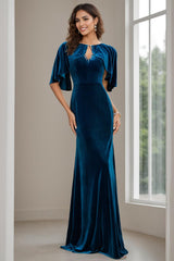 Floor-Length Velvet Mother of the Bride Dress with Scoop Neck Half Sleeves and Beaded Appliques & Sequins