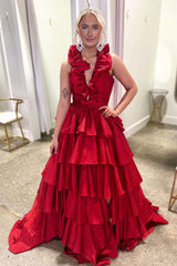 Flora Halter Red Prom Dress Ruffle Tiered A Line Evening Dress