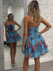 Dressystars Floral A Line Ruched Strapless Short Homecoming Dress