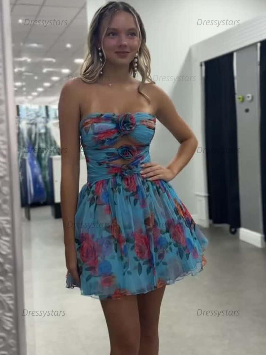 Dressystars Floral A Line Ruched Strapless Short Homecoming Dress