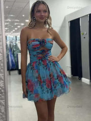 Dressystars Floral A Line Ruched Strapless Short Homecoming Dress