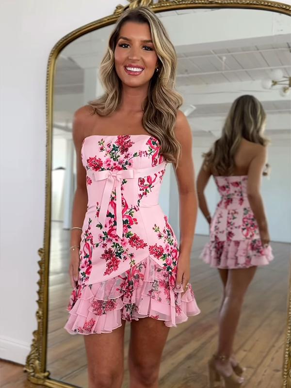 Dressystars Floral Bodycon Strapless Short Ruffled Homecoming Dress with Bow