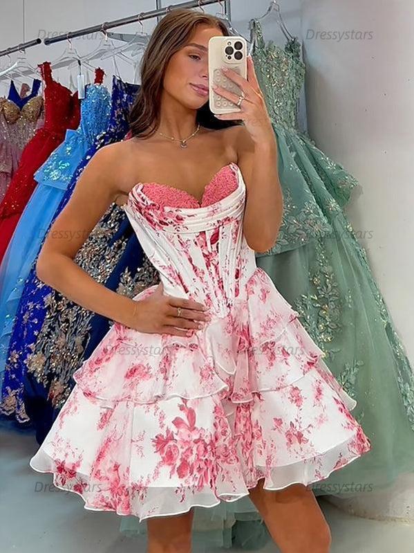 Dressystars Floral Corset Chiffon Sweetheart Short Homecoming Dress