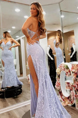 Dressystars Floral Lavender Lace Spaghetti Straps Lace Up Prom Gown With Slit Formal Evening Gown