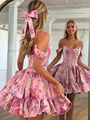 Dressystars Floral Off Shoulder Brocade Homecoming Dress with Ruffled