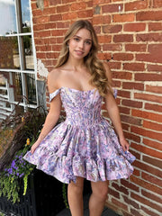 Dressystars Floral Off Shoulder Brocade Homecoming Dress with Ruffled