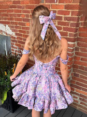 Dressystars Floral Off Shoulder Brocade Homecoming Dress with Ruffled
