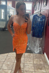 Floral Orange Homecoming Dresses Corset Tight Short Cocktail Dresses