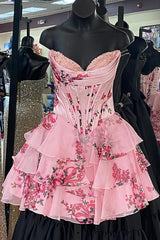 Floral Pink Corset A Line Homecoming Dresses Short Cocktail Dresses With Ruffles