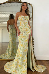 Floral Print Glitter Sweetheart Lace Up Prom Dress With Corset Bodice And High Slit Formal Evening Gown