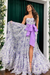 Floral Prom Dress Printed Chiffon Strapless Long Evening Dress with Split