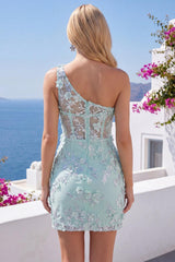 Floral Sparkly Mint Corset Beaded Tight Short Keyhole Homecoming Dress with Slit