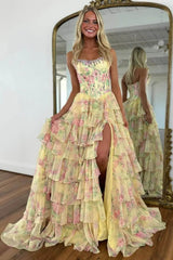 Floral Print Prom Dress Tiered Ruffle Formal Dress with Corset Detail & Front Slit