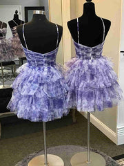 Flower A-Line Tiered Tulle Spaghetti Straps Homecoming Dress