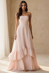 Dressystars Flowy Light Pink A Line Strapless Ruffled Long Prom Dress