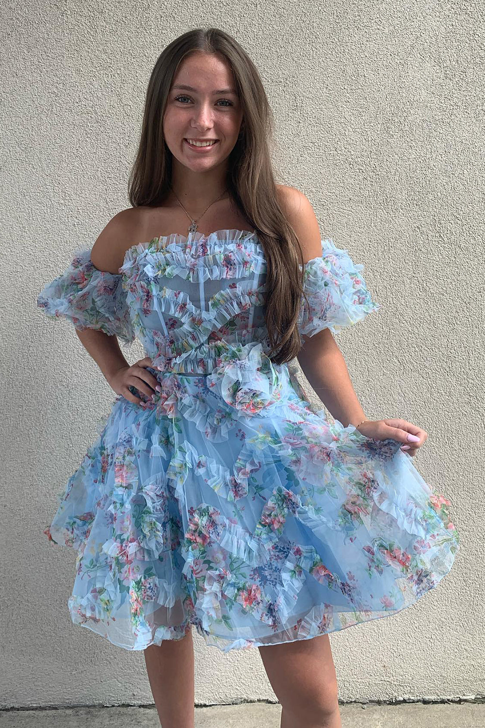 Fluffy Blue Homecoming Dresses Corset Off The Shoulder A-Line Short Cocktail Dresses