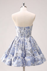 Fluffy Blue Homecoming Dresses Corset Strapless A Line Short Cocktail Dresses