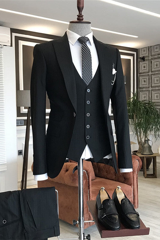 Formal Black Peaked Lapel 3 Piece Business Suit
