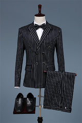 Formal Black Peaked Lapel Double Breasted Striped Business Suit