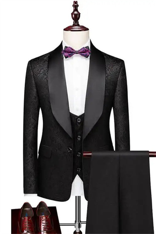 Formal Black Shawl Lapel 3 Piece Wedding Suit