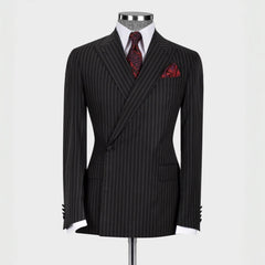 Formal Black Striped Peaked Lapel Business Suit