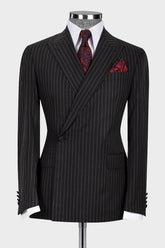 Formal Black Striped Peaked Lapel Business Suit