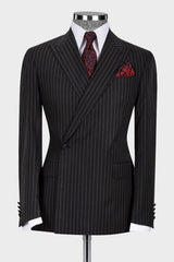 Formal Black Striped Peaked Lapel Business Suit