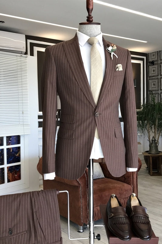 Formal Brown Peaked Lapel 2 Piece Striped Business Suit