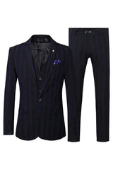 Formal Navy Blue Notched Lapel 3 Piece Striped Business Suit