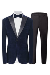Formal Navy Blue Peaked Lapel 2 Piece Velvet Men's Prom Suit