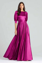 Dressystars Fuchsia A-Line Bateau Neck Satin Long Prom Dress With Sleeves