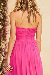 Dressystars Fuchsia A Line Halter Ruched Keyhole Long Chiffon Prom Dress With Slit