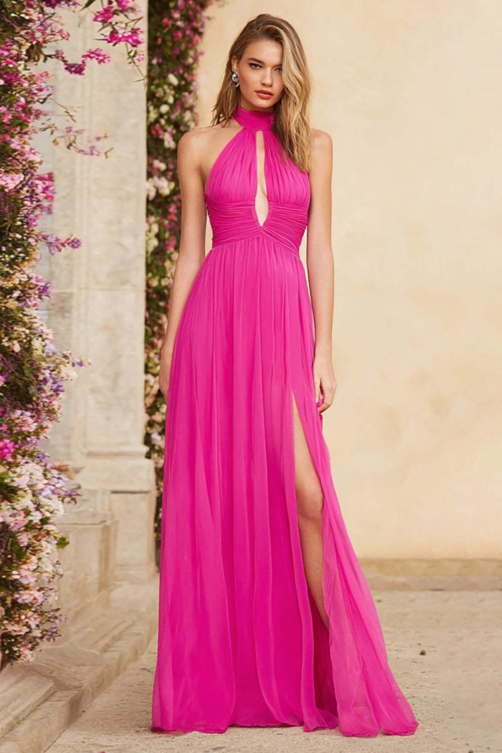 Dressystars Fuchsia A Line Halter Ruched Keyhole Long Chiffon Prom Dress With Slit