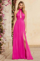 Dressystars Fuchsia A Line Halter Ruched Keyhole Long Chiffon Prom Dress With Slit