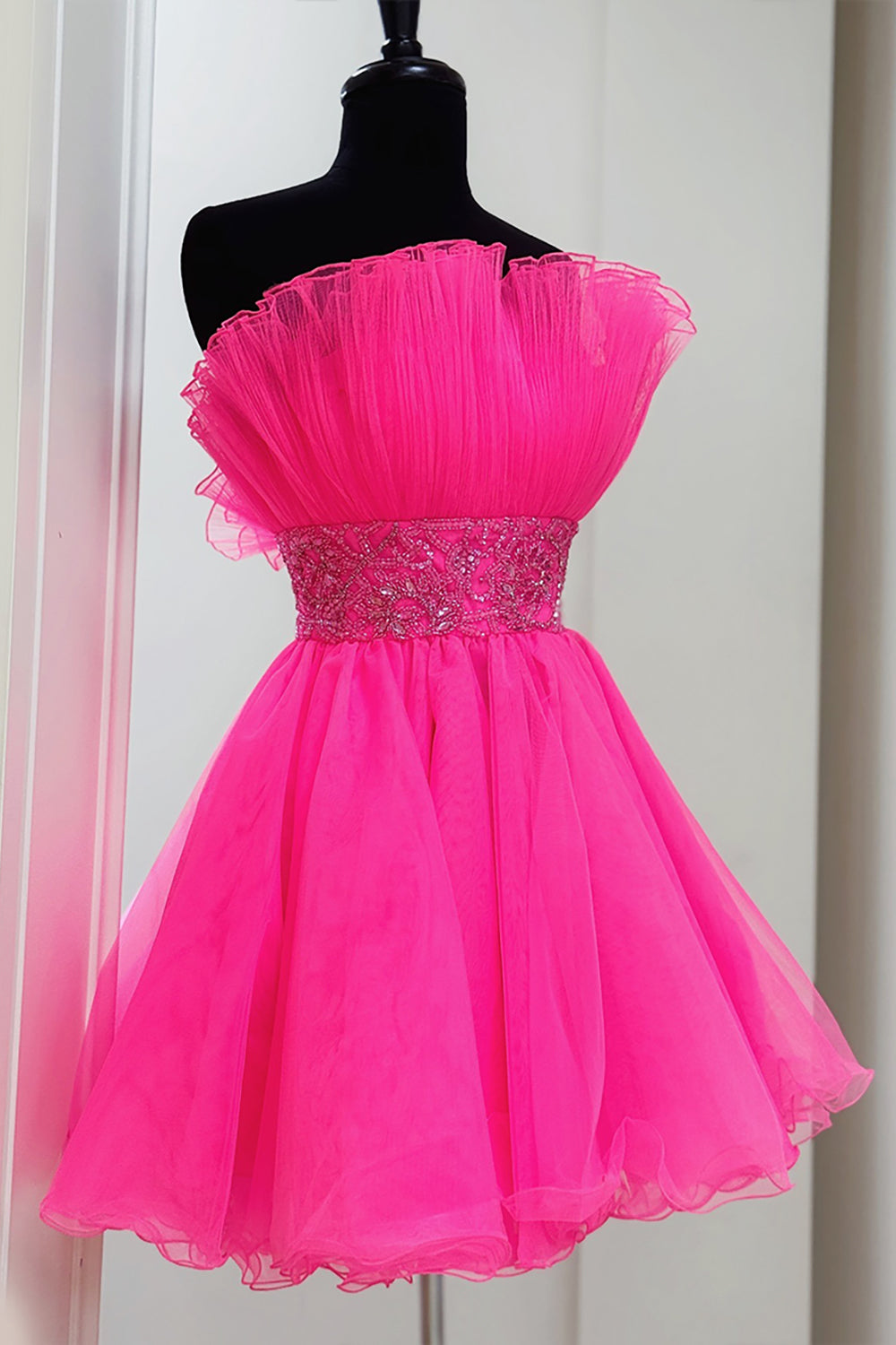 Fuchsia A Line Homecoming Dresses Beaded Strapless Short Cocktail Dresses