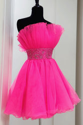 Fuchsia A Line Homecoming Dresses Beaded Strapless Short Cocktail Dresses