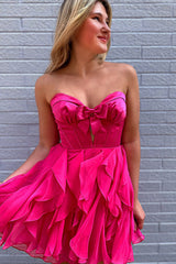 Fuchsia A Line Homecoming Dresses Ruffled Short Corset Cocktail Dresses With Bow
