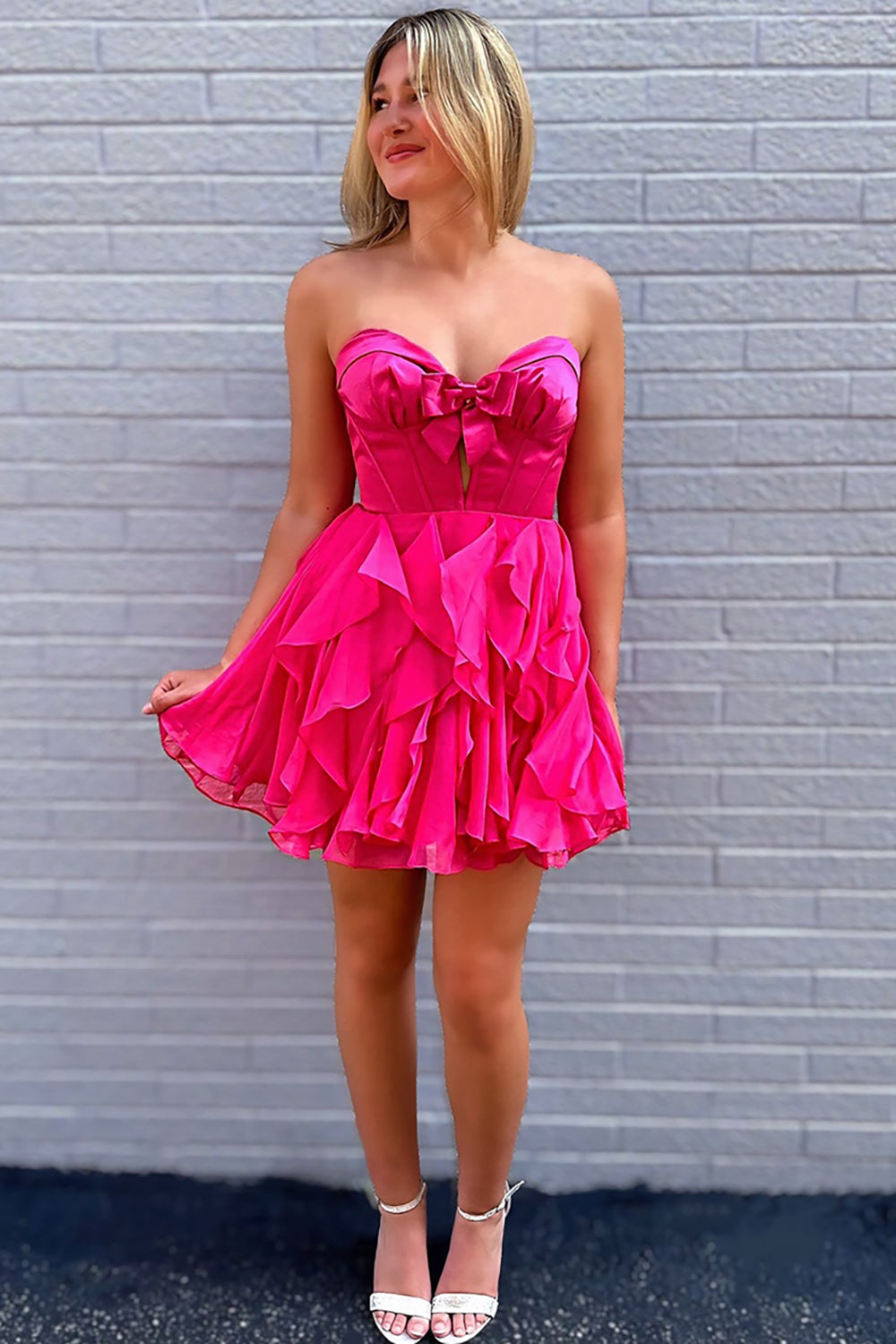 Fuchsia A Line Homecoming Dresses Ruffled Short Corset Cocktail Dresses With Bow