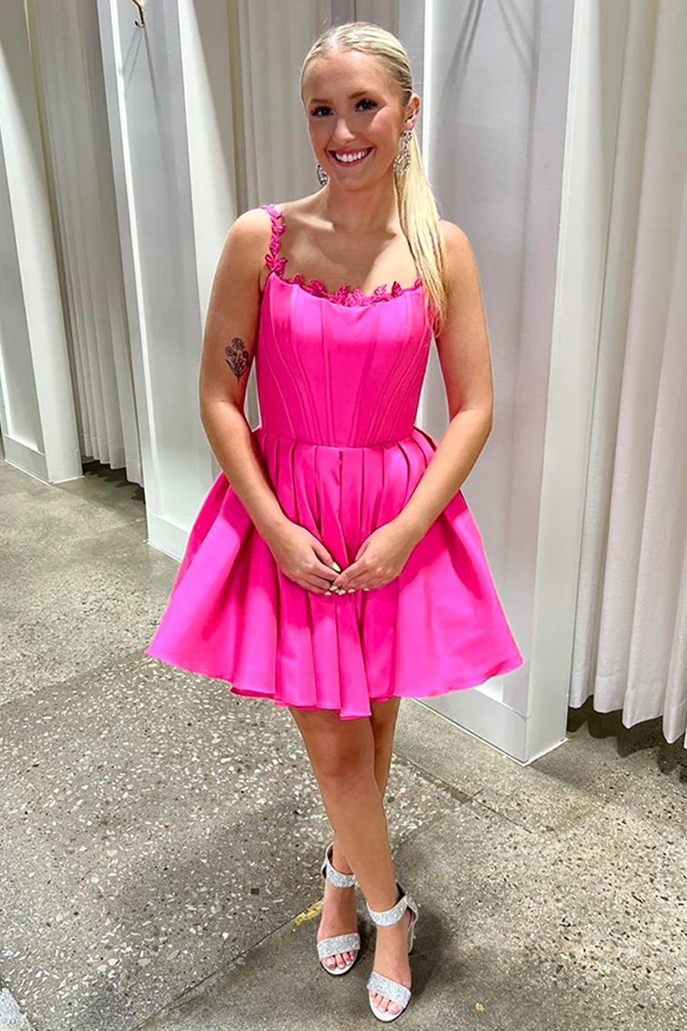 Fuchsia A Line Homecoming Dresses Satin Short Corset Cocktail Dresses